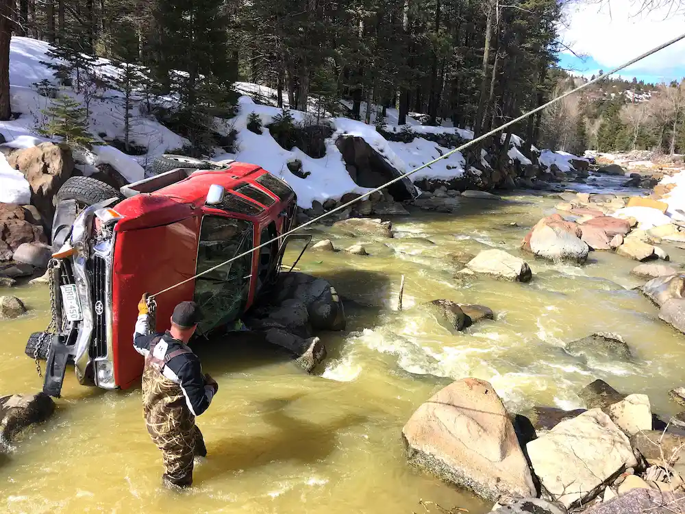 Recovery of Toyota 4-Runner from creek in the mountains of Colorado